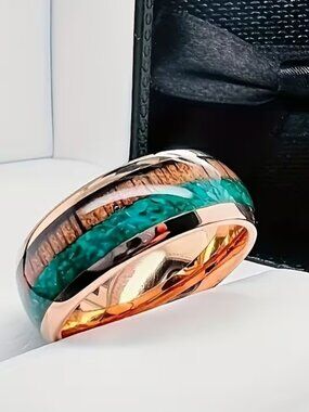 Ring Curved Epoxy Inlaid Malachite & Acacia Wood Men’s Ring Stainless Steel 8mm
